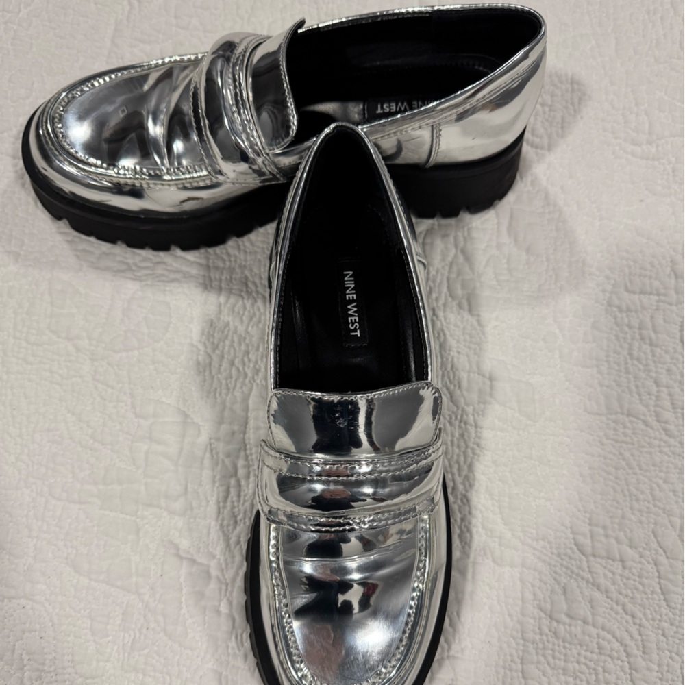 Nine West Metallic Silver Loafers